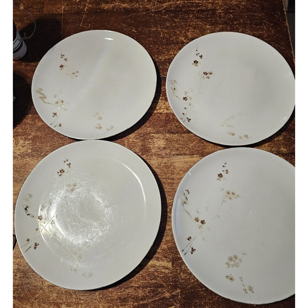 Koshida Kyoto porcelain CHERRY BLOSSOMS Dinner Plates Hand Paint Japan 4 Ct Vtg